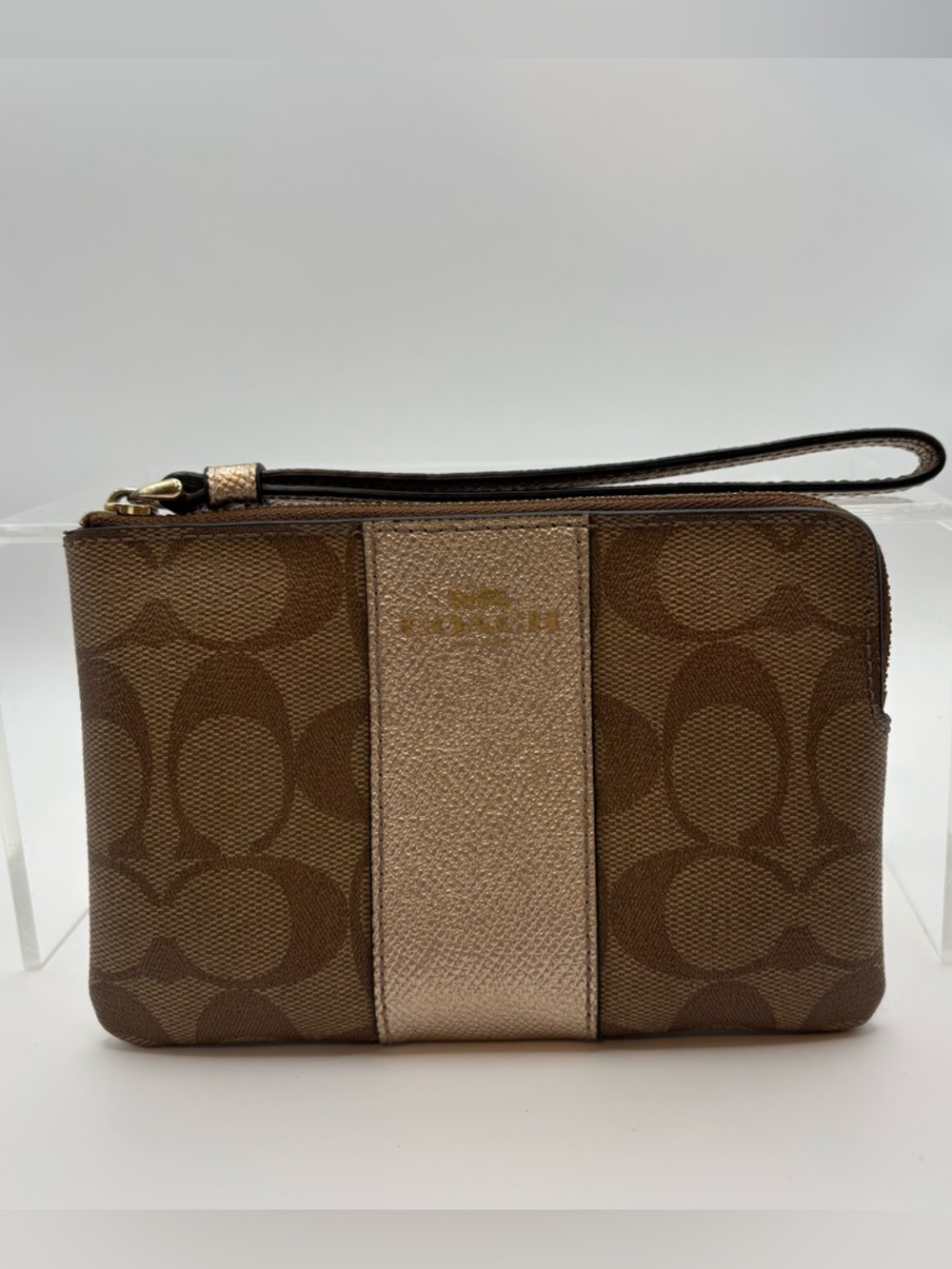 Coach Brown Signature Wristlet with Metallic Gold Stripe